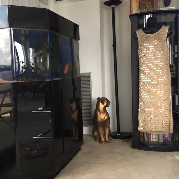 2pc sequin ensemble gold knit. Long sleeve jacket and sleeveless knit dress Med - Picture 3 of 11